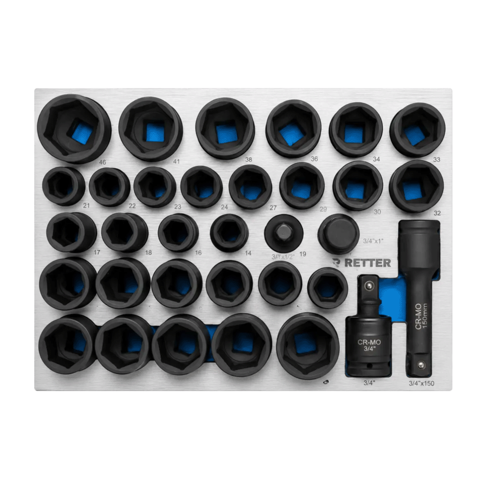 Retter R22S tool cabinet tray insert filled with heavy-duty black 3/4" CR-Mo impact sockets and extension.