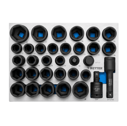 Retter R22S tool cabinet tray insert filled with heavy-duty black 3/4" CR-Mo impact sockets and extension.