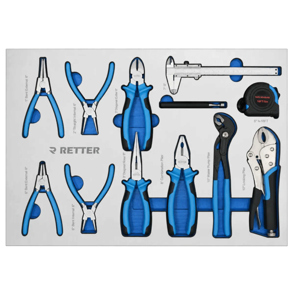 Retter R22S tool cabinet tray insert holding circlip pliers, wire cutters, a vernier caliper, and tape measure.