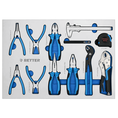 Retter R22S tool cabinet tray insert holding circlip pliers, wire cutters, a vernier caliper, and tape measure.