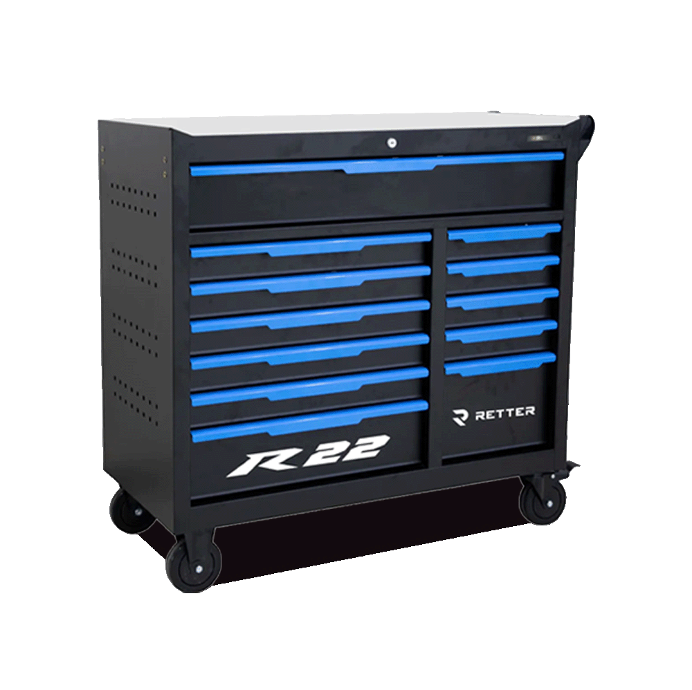 Retter R22S tool cabinet featuring twelve ball-bearing drawers presented from the front and side angle.