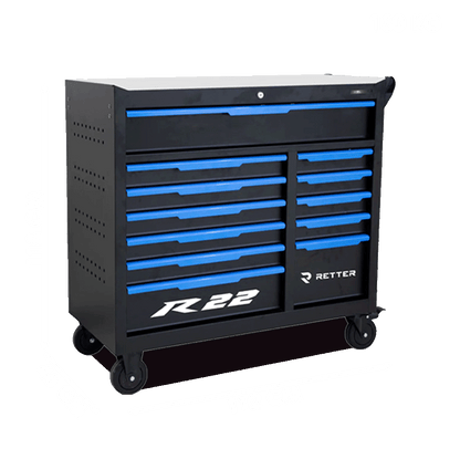 Retter R22S tool cabinet featuring twelve ball-bearing drawers presented from the front and side angle.