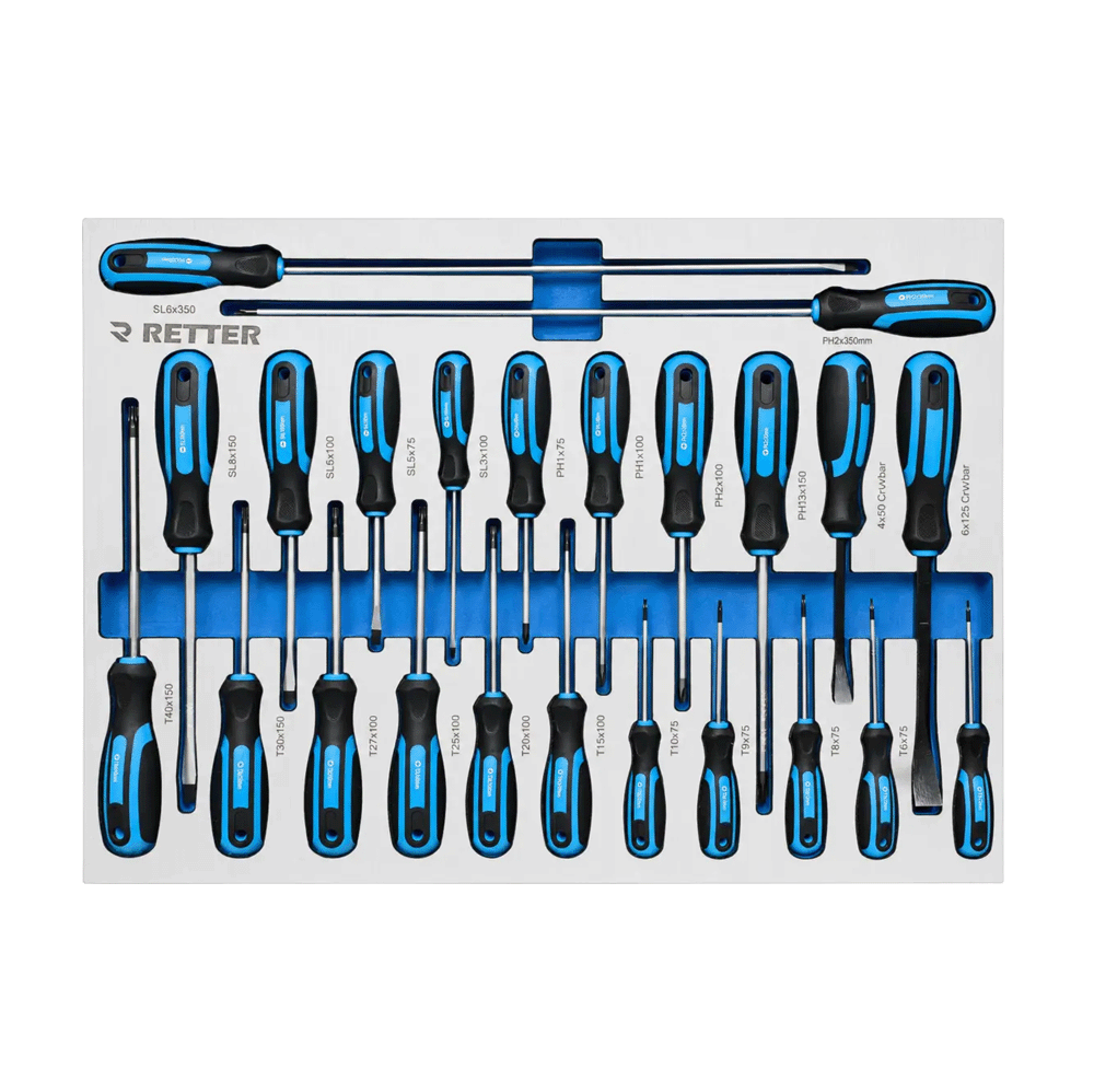 Retter R22S tool cabinet tray insert fully stocked with a metric collection of flat and Phillips screwdrivers.