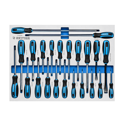 Retter R22S tool cabinet tray insert fully stocked with a metric collection of flat and Phillips screwdrivers.
