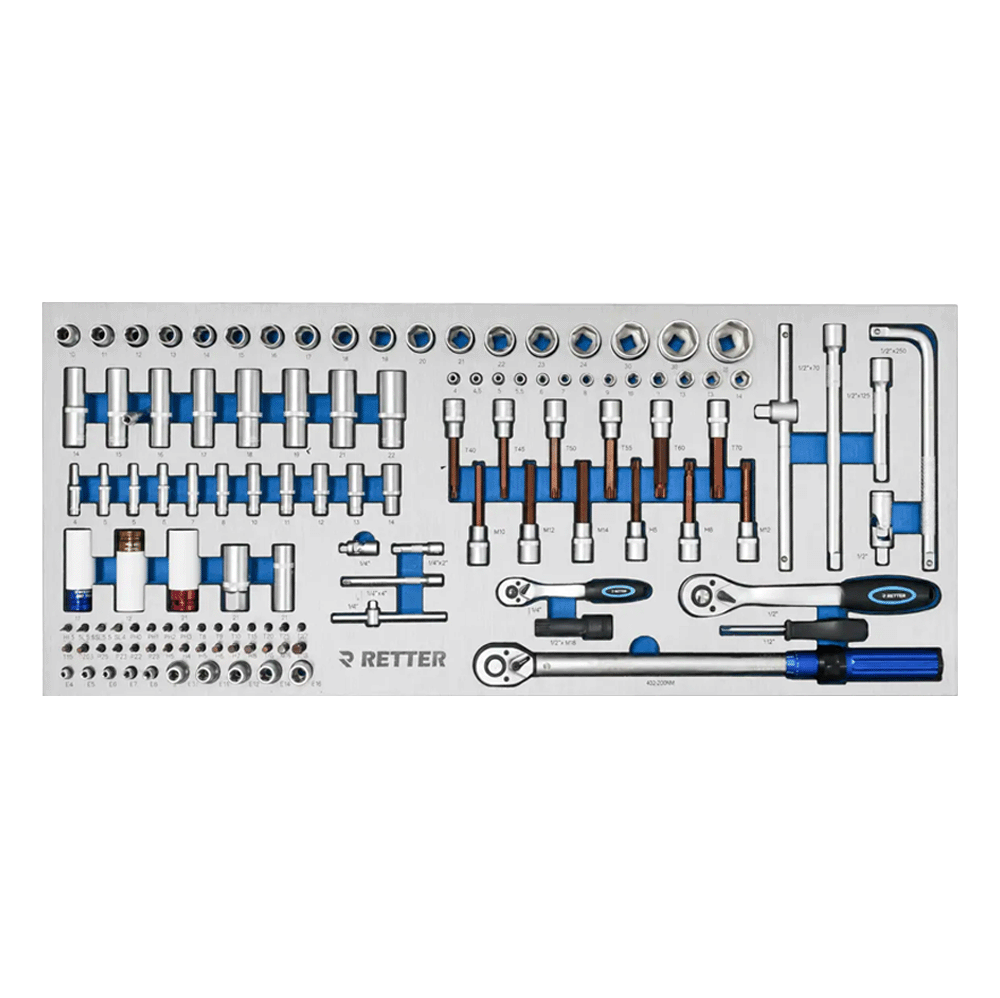 Retter R22S tool cabinet tray insert packed with drive ratchets, extension bars, bits, and a torque wrench.
