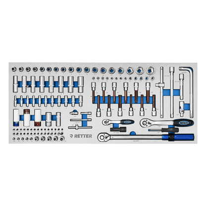 Retter R22S tool cabinet tray insert packed with drive ratchets, extension bars, bits, and a torque wrench.
