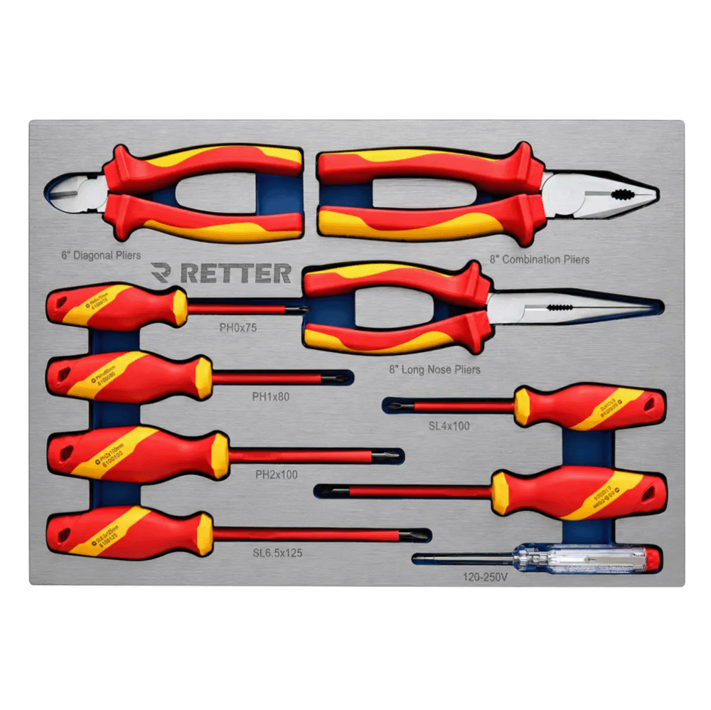 Retter R22S tool cabinet tray insert holding insulated VDE screwdrivers, pliers, and a voltage tester.