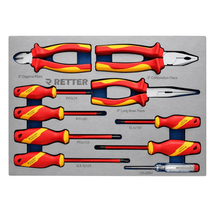 Retter R22S tool cabinet tray insert holding insulated VDE screwdrivers, pliers, and a voltage tester.