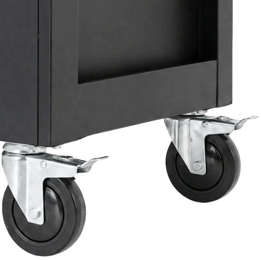Retter R23 tool cabinet bottom view close-up on the heavy-duty caster wheels equipped with foot brake levers.