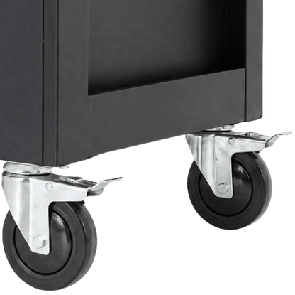 Retter R23 tool cabinet bottom view close-up on the heavy-duty caster wheels equipped with foot brake levers.