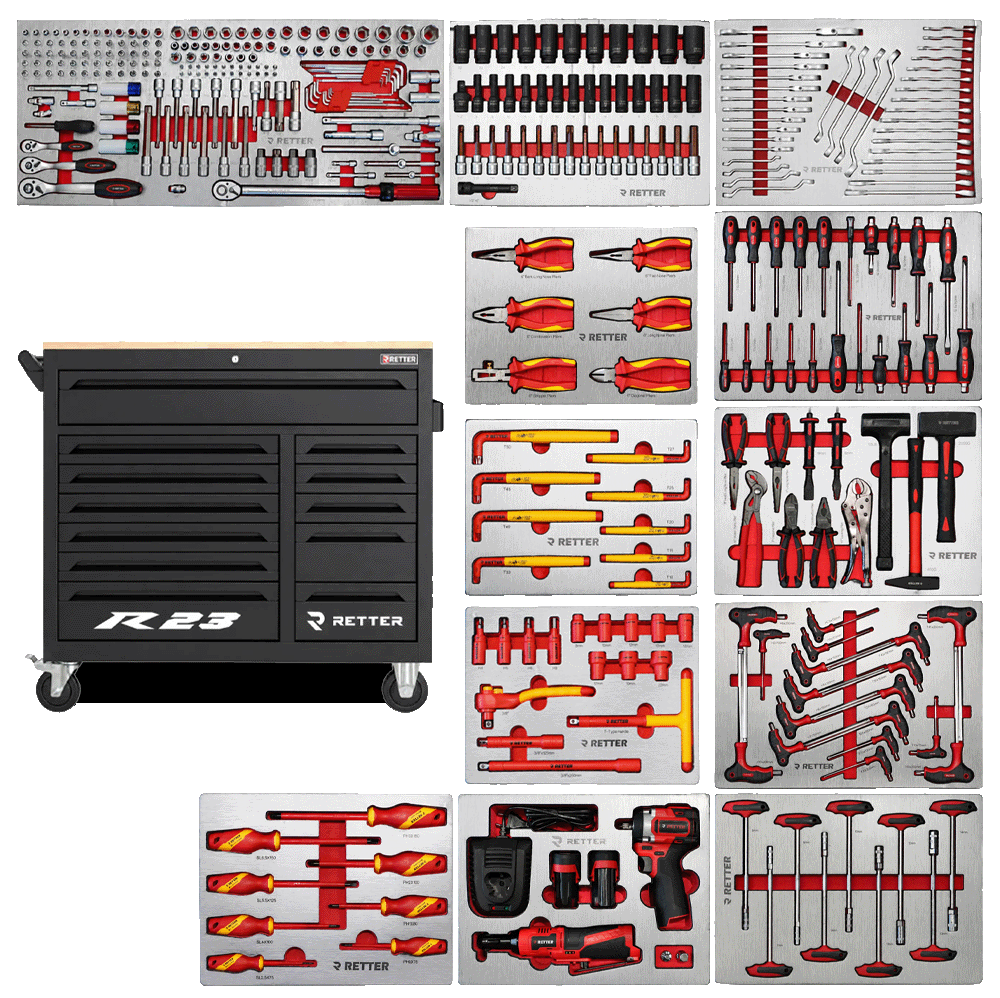 Retter R23 tool cabinet with chrome accent bars shown alongside its full set of twelve ALU-EVA tool trays.