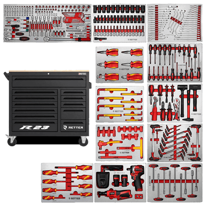 Retter R23 tool cabinet with chrome accent bars shown alongside its full set of twelve ALU-EVA tool trays.