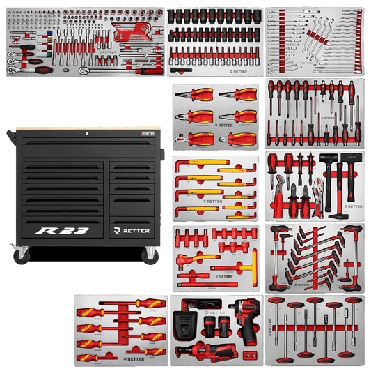 Retter R23 tool cabinet with chrome accent bars shown alongside its full set of twelve ALU-EVA tool trays.