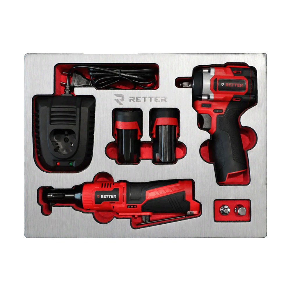 Retter R23 tool cabinet tray insert containing a 12V cordless impact wrench, cordless ratchet, two batteries, and a charger.