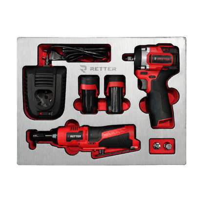 Retter R23 tool cabinet tray insert containing a 12V cordless impact wrench, cordless ratchet, two batteries, and a charger.