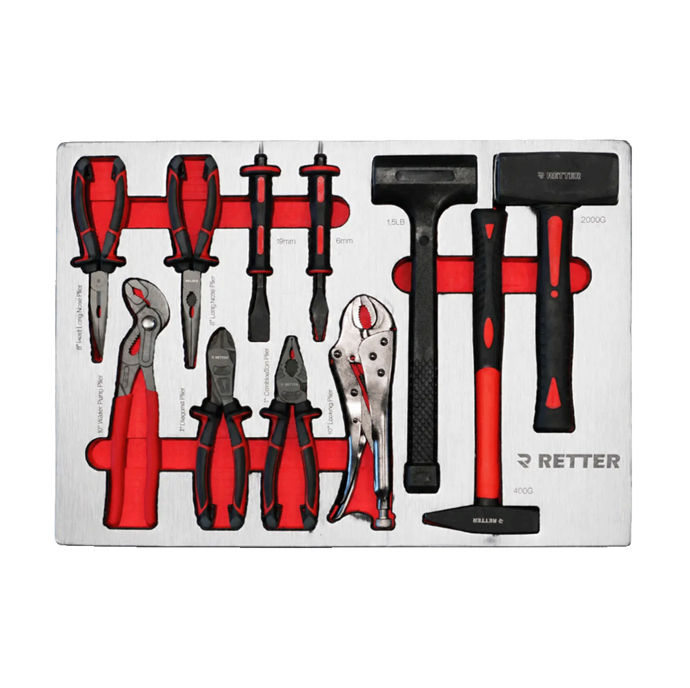 Retter R23 tool cabinet tray insert carrying three hammers, heavy-duty grip locking pliers, combination pliers, and chisels.