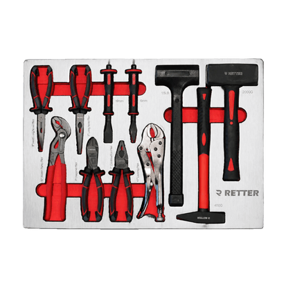 Retter R23 tool cabinet tray insert carrying three hammers, heavy-duty grip locking pliers, combination pliers, and chisels.