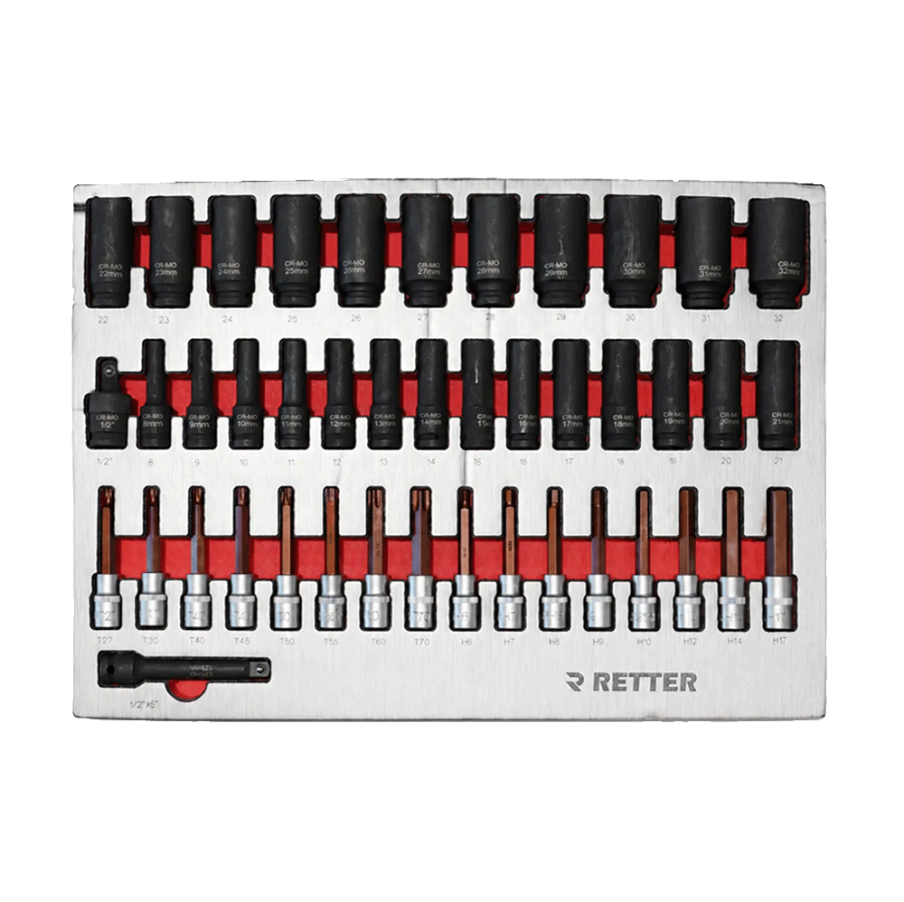 Retter R23 tool cabinet tray insert containing metric deep impact sockets, extensions, and dynamic bit-sockets.
