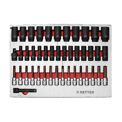 Retter R23 tool cabinet tray insert containing metric deep impact sockets, extensions, and dynamic bit-sockets.