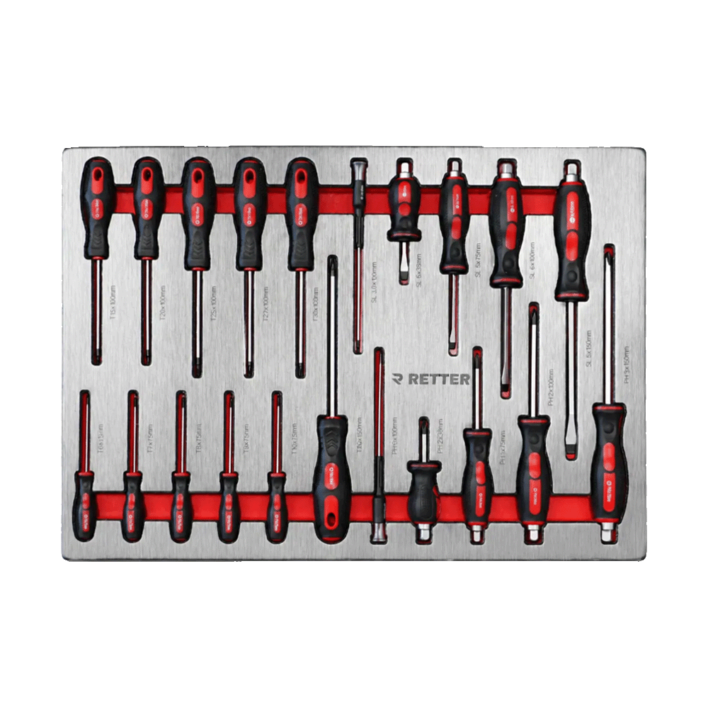 Retter R23 tool cabinet tray insert fully packed with standard and Torx screwdrivers in an ALU-EVA layout.