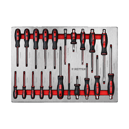 Retter R23 tool cabinet tray insert fully packed with standard and Torx screwdrivers in an ALU-EVA layout.