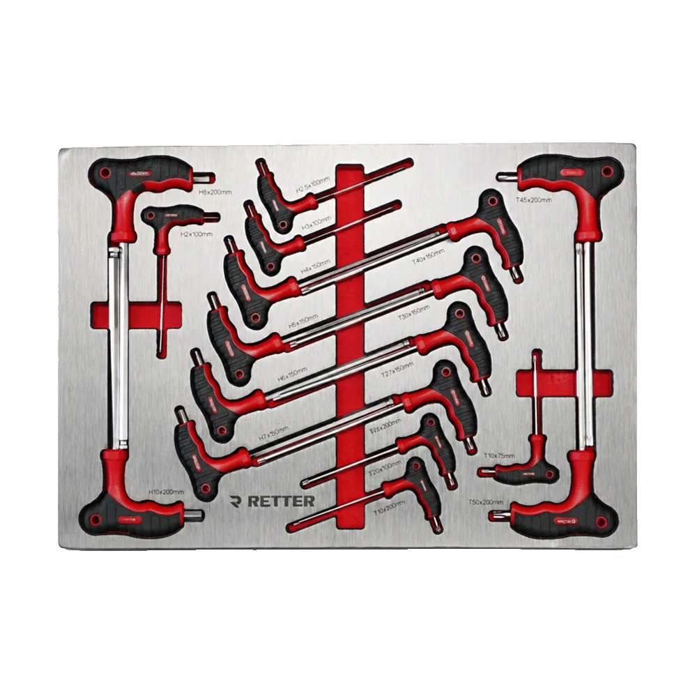 Retter R23 tool cabinet tray insert packed with a full range of red-accented T-handle Torx and HEX keys.