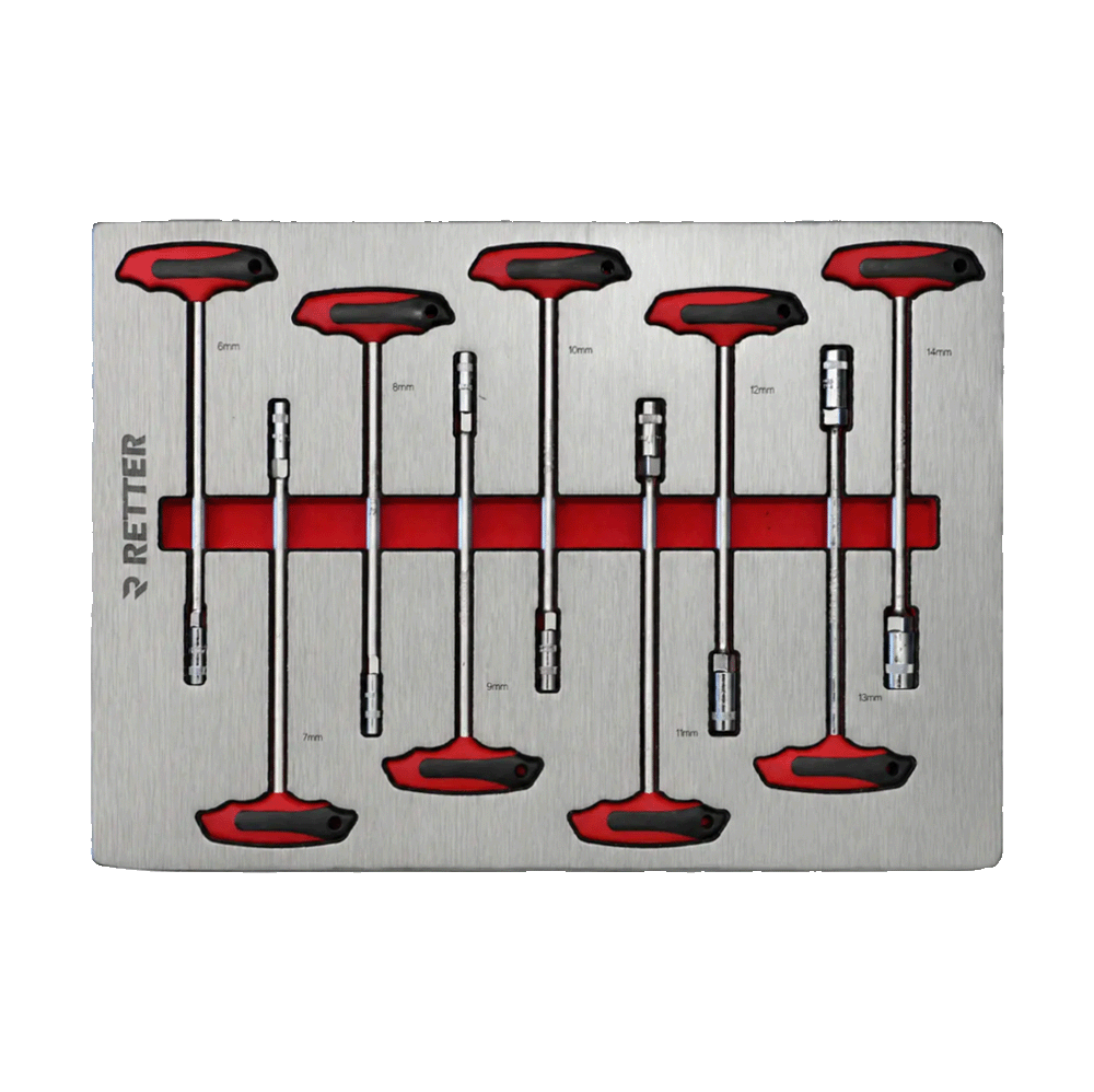Retter R23 tool cabinet tray insert with nine ergonomic metric T-handle socket keys arranged in foam.