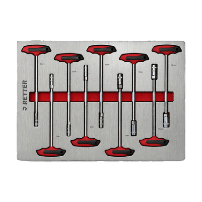 Retter R23 tool cabinet tray insert with nine ergonomic metric T-handle socket keys arranged in foam.