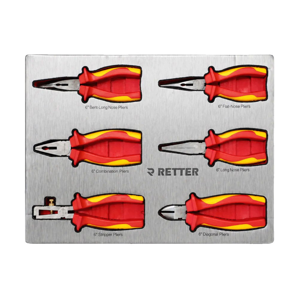 Retter R23 tool cabinet tray insert holding six red and yellow insulated VDE electrical pliers and wire cutters.