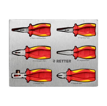 Retter R23 tool cabinet tray insert holding six red and yellow insulated VDE electrical pliers and wire cutters.