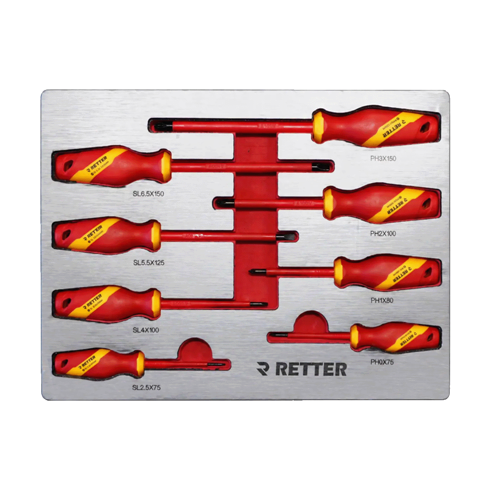 Retter R23 tool cabinet tray insert fully packed with red and yellow insulated VDE flat and Phillips screwdrivers.