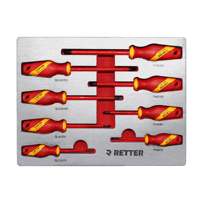 Retter R23 tool cabinet tray insert fully packed with red and yellow insulated VDE flat and Phillips screwdrivers.