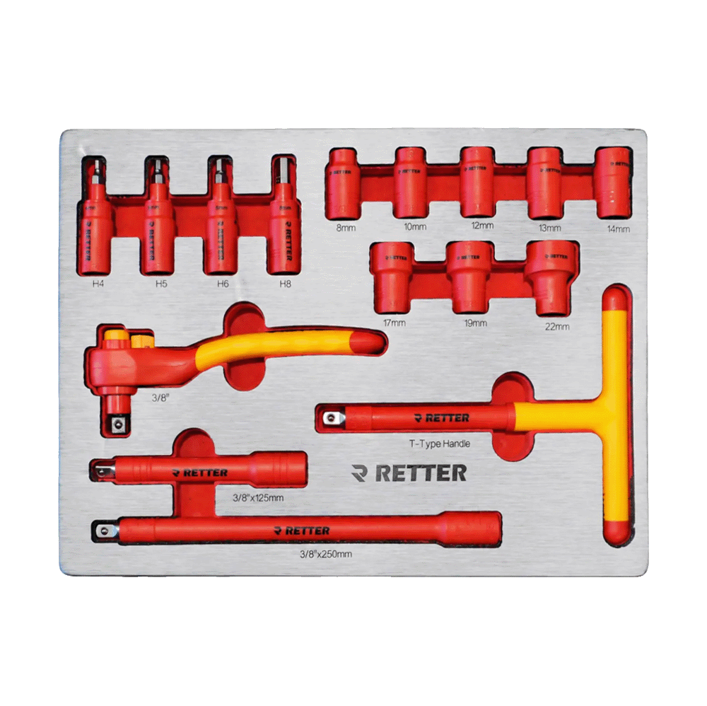 Retter R23 tool cabinet tray insert loaded with red insulated VDE 3/8" drive ratchet, sockets, and extension bars.