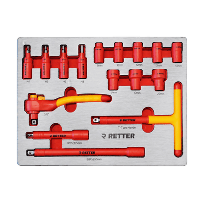 Retter R23 tool cabinet tray insert loaded with red insulated VDE 3/8" drive ratchet, sockets, and extension bars.