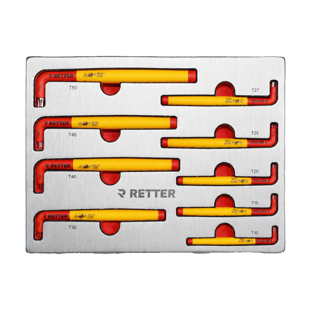 Retter R23 tool cabinet tray insert containing a metric set of yellow insulated VDE Torx L-keys.