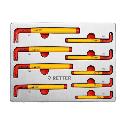 Retter R23 tool cabinet tray insert containing a metric set of yellow insulated VDE Torx L-keys.