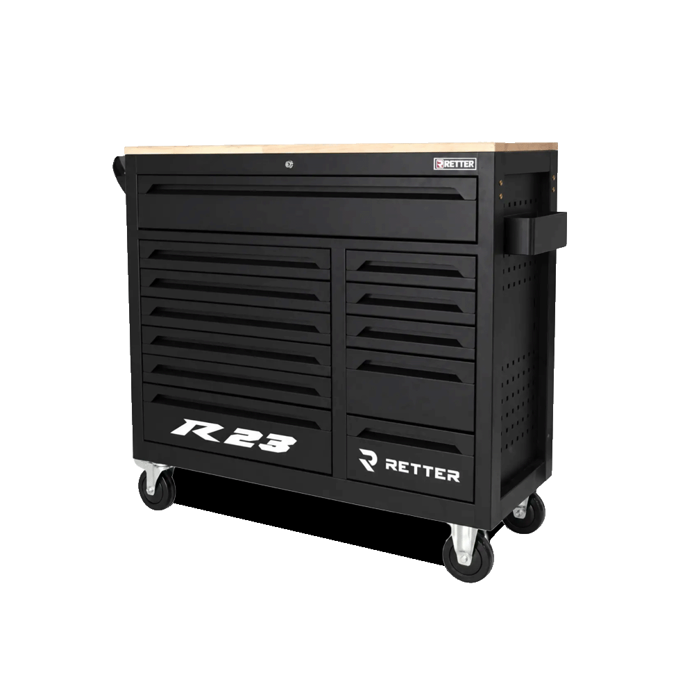 Retter R23 tool cabinet showing a solid wood worktop, twelve storage drawers, and a side-mounted accessory shelf.