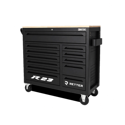 Retter R23 tool cabinet showing a solid wood worktop, twelve storage drawers, and a side-mounted accessory shelf.