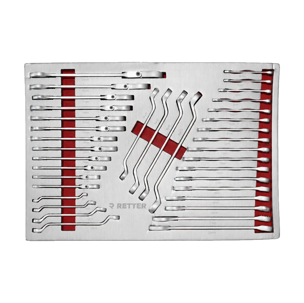 Retter R23 tool cabinet tray insert with a comprehensive set of combination, open-end, and offset ring wrenches.