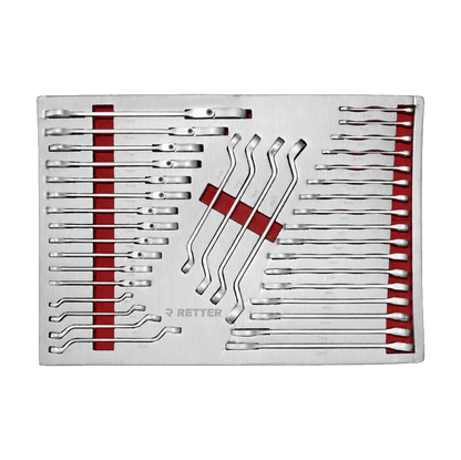 Retter R23 tool cabinet tray insert with a comprehensive set of combination, open-end, and offset ring wrenches.
