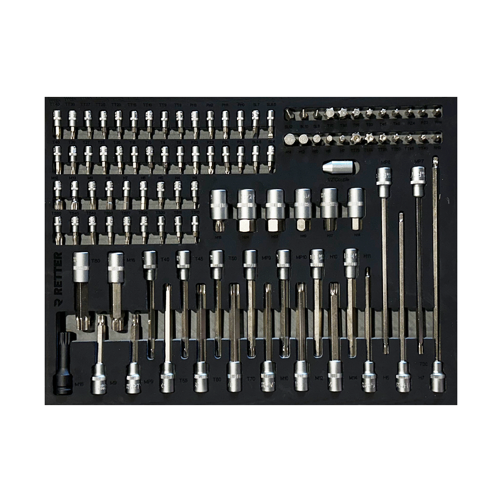 Comprehensive bit and bit-socket set organized in an EVA foam insert including Torx HEX Spline PH and SL precision bits.