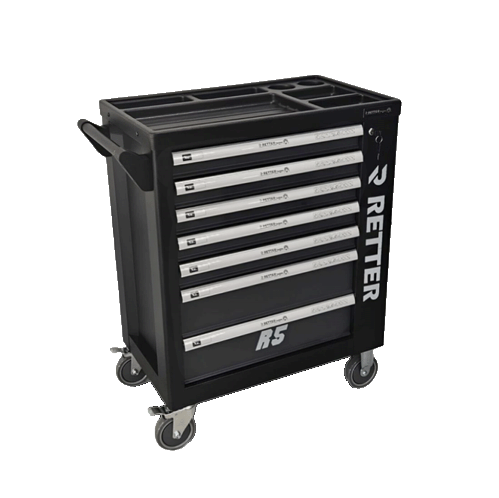 Studio shot of the black Retter R5 Tech Edition mobile tool cabinet featuring seven drawers with an auto close system.