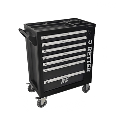 Studio shot of the black Retter R5 Tech Edition mobile tool cabinet featuring seven drawers with an auto close system.