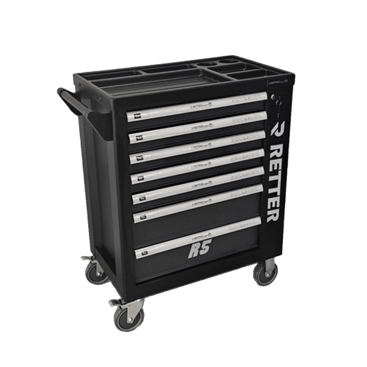 Studio shot of the black Retter R5 Tech Edition mobile tool cabinet featuring seven drawers with an auto close system.