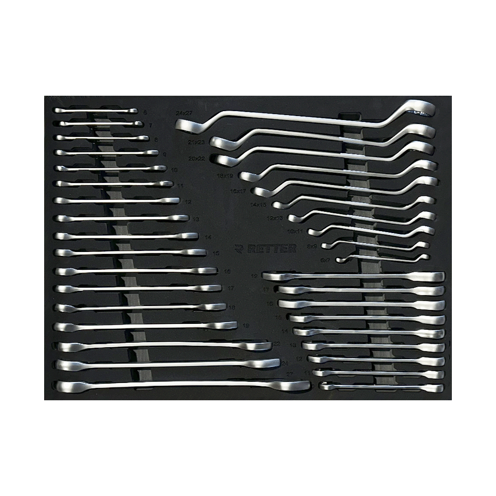 Full size range of Retter combination wrenches and deep offset ring wrenches organized inside a custom tool cabinet drawer.
