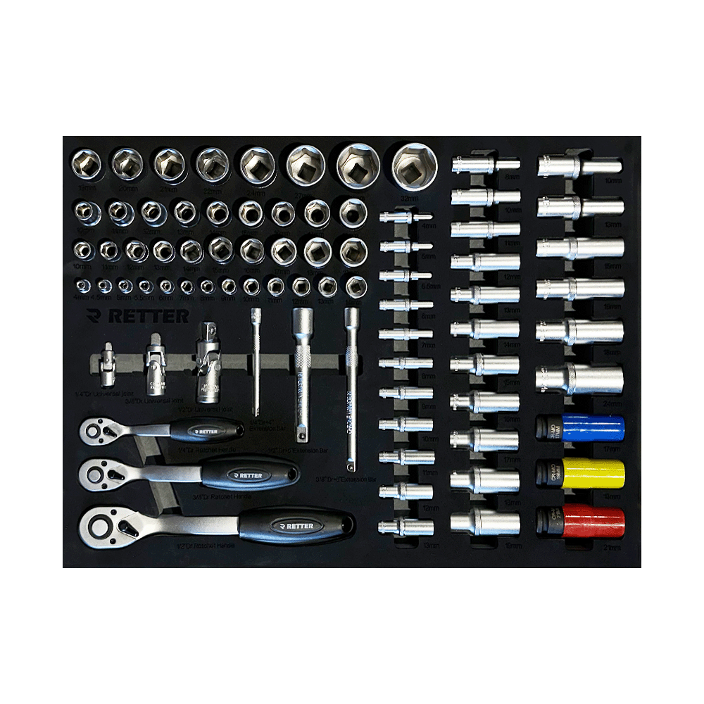 Three fine tooth ratchets short and deep metric sockets spark plug sockets and colored wheel impact sockets in a drawer tray.