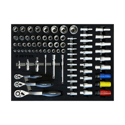 Three fine tooth ratchets short and deep metric sockets spark plug sockets and colored wheel impact sockets in a drawer tray.