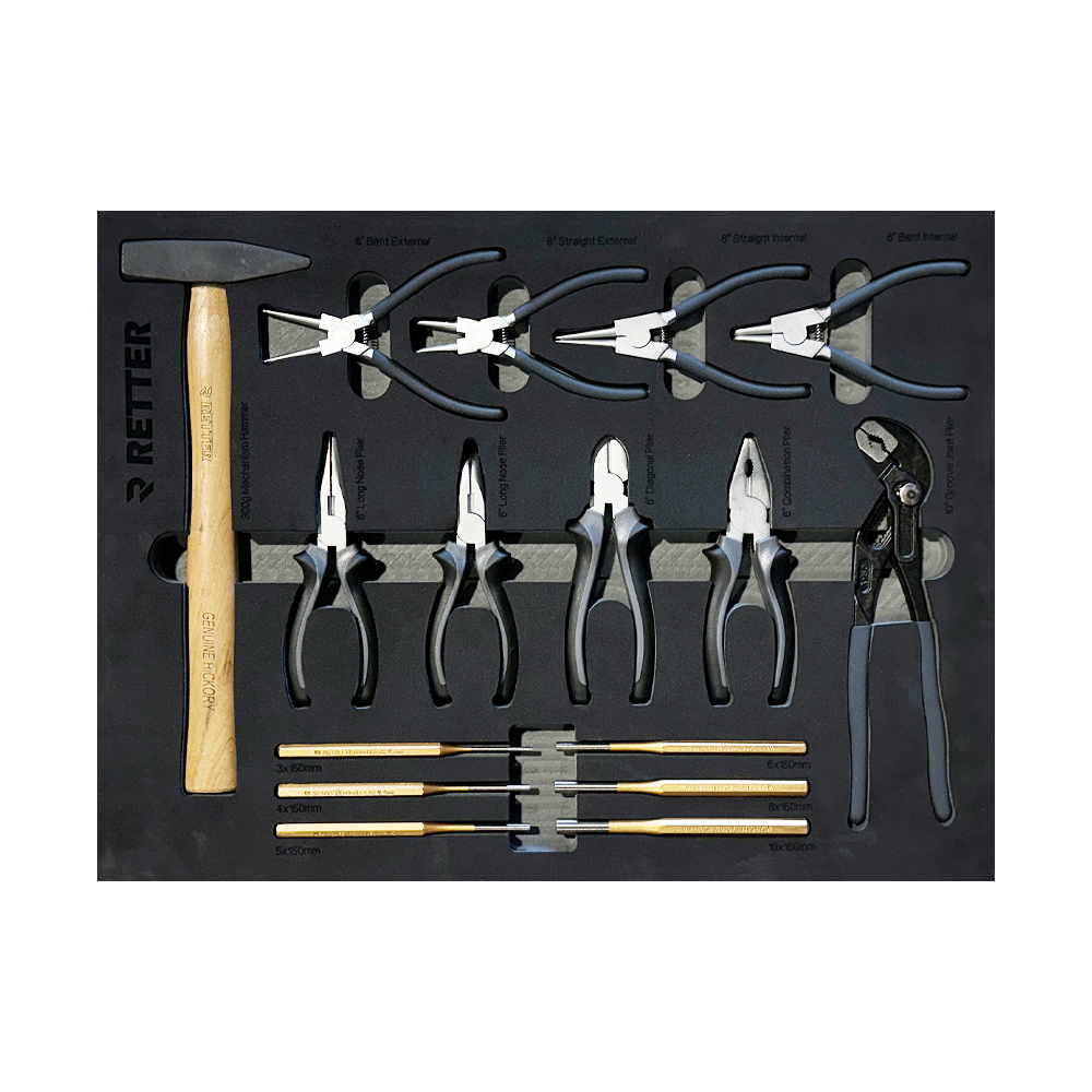 Workshop drawer with Retter pliers circlip pliers set groove joint plier punches and a mechanic hammer with a genuine hickory handle.