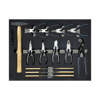 Workshop drawer with Retter pliers circlip pliers set groove joint plier punches and a mechanic hammer with a genuine hickory handle.