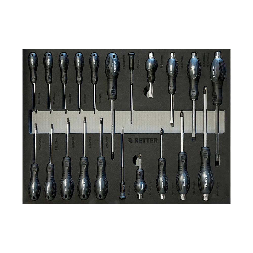 A complete set of professional SL PH and Torx screwdrivers along with precision screwdrivers in an EVA foam tray.